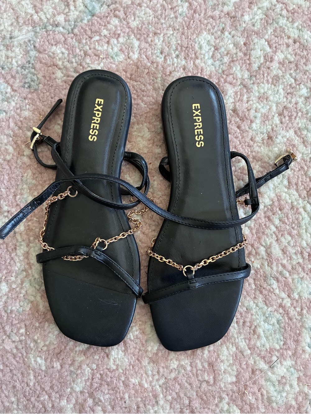 Express Black Strappy Sandals with Gold Chain Accent